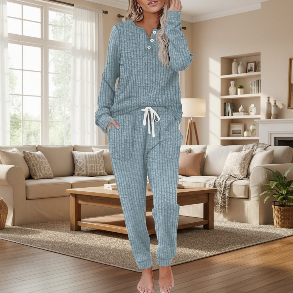 Dames Geribde Relaxed-Fit Loungewear Tweedelige Set Trekkoord - Sea Blue