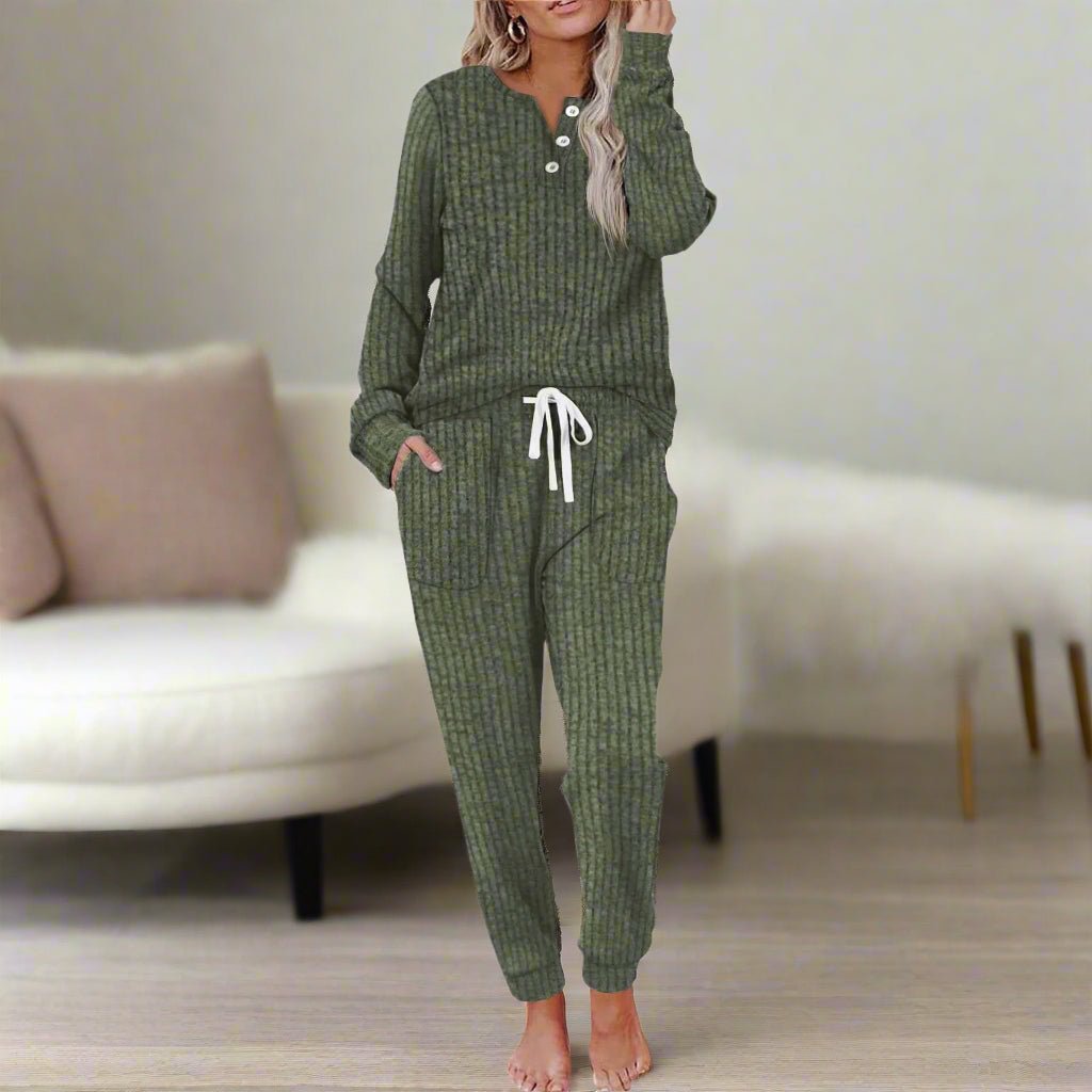 Dames Geribde Relaxed-Fit Loungewear Tweedelige Set Trekkoord - Leaf Green