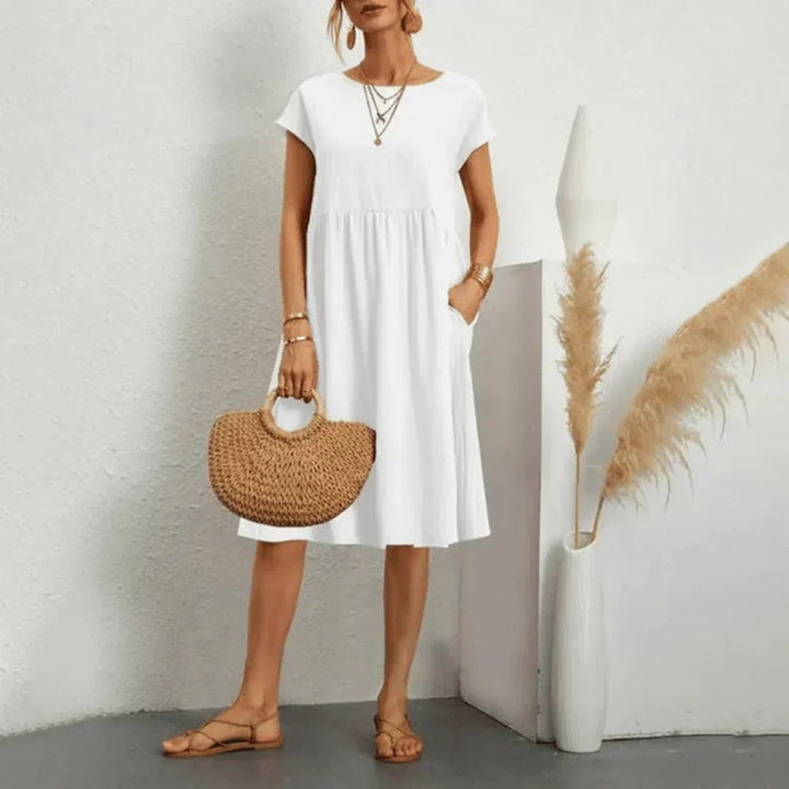 Dames Gesmockte Zomerjurk Korte Mouw Met Zakken - Wit