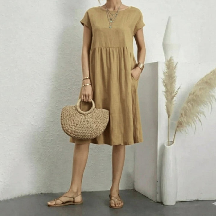 Dames Gesmockte Zomerjurk Korte Mouw Met Zakken - Beige