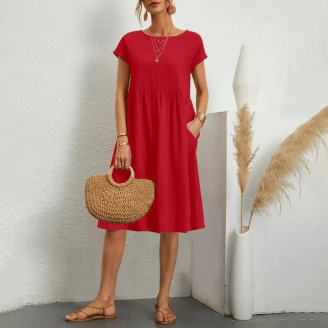 Dames Gesmockte Zomerjurk Korte Mouw Met Zakken - Rood