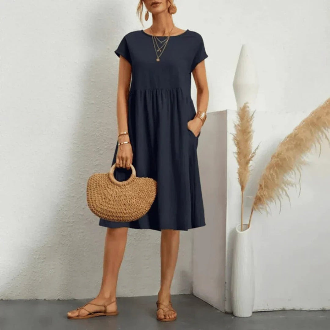 Dames Gesmockte Zomerjurk Korte Mouw Met Zakken - Marineblauw