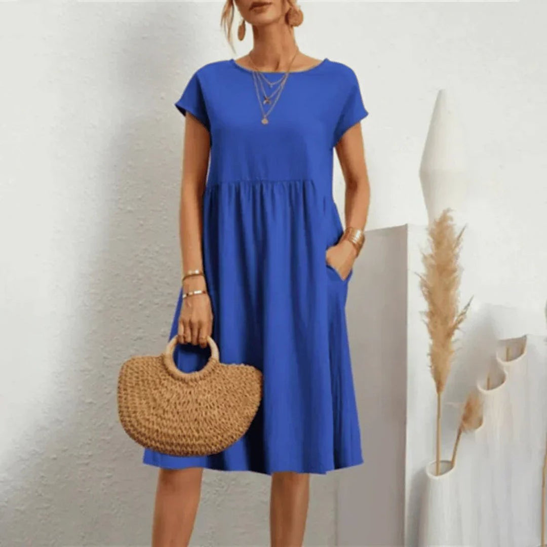 Dames Gesmockte Zomerjurk Korte Mouw Met Zakken - Blauw