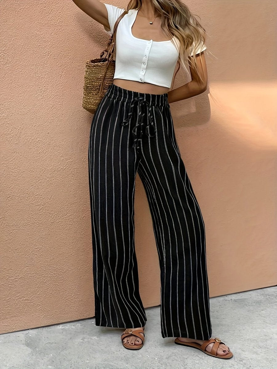 Dames Gestreepte High-Waist Wide Leg Pants Linnen Broek - Zwart