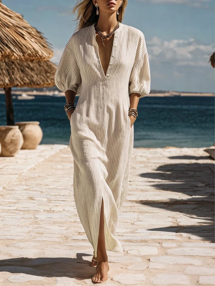 Dames Gestreepte Knoopsluiting Midi Jurk - White