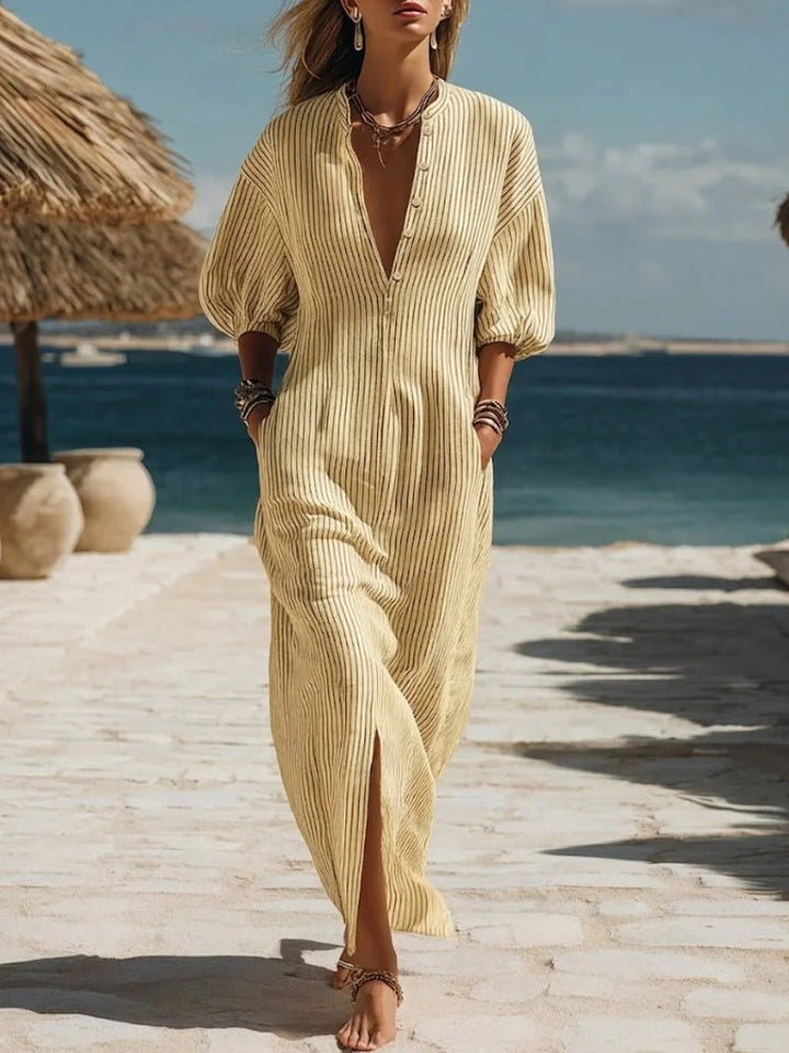 Dames Gestreepte Knoopsluiting Midi Jurk - Yellow