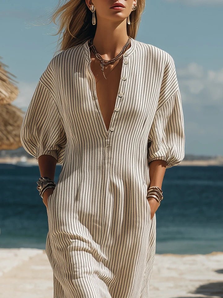 Dames Gestreepte Knoopsluiting Midi Jurk