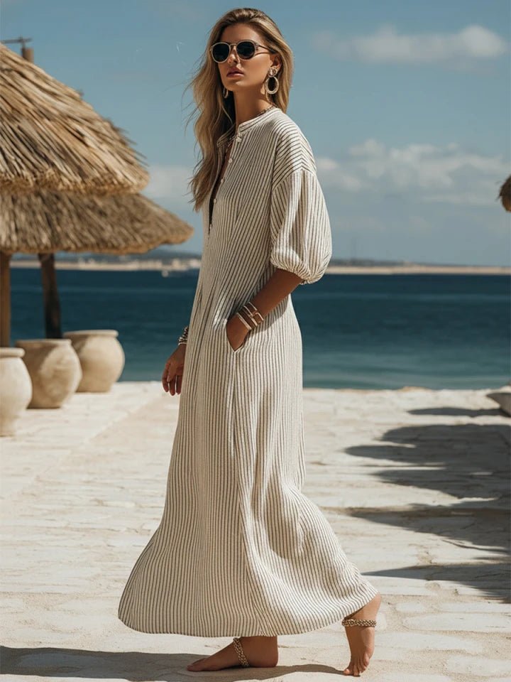 Dames Gestreepte Knoopsluiting Midi Jurk