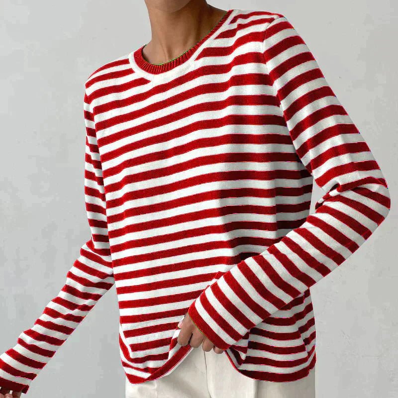 Dames Gestreepte Lange Mouwen T-Shirt - Red