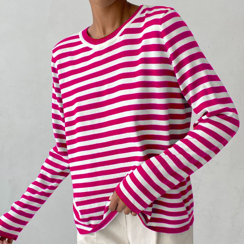 Dames Gestreepte Lange Mouwen T-Shirt - Pink