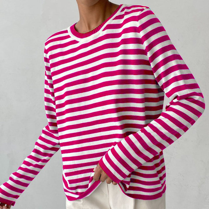 Dames Gestreepte Lange Mouwen T-Shirt - Pink