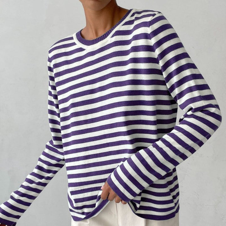 Dames Gestreepte Lange Mouwen T-Shirt - Purple