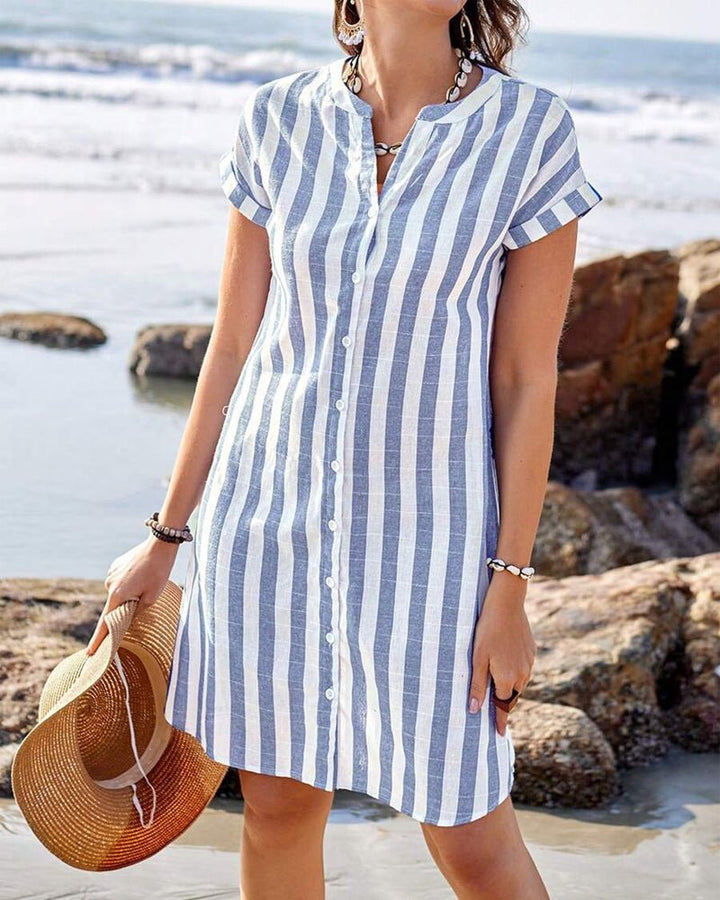 Dames Gestreepte Linnen Blousejurk Korte Mouwen Knoopsluiting - Light Blue