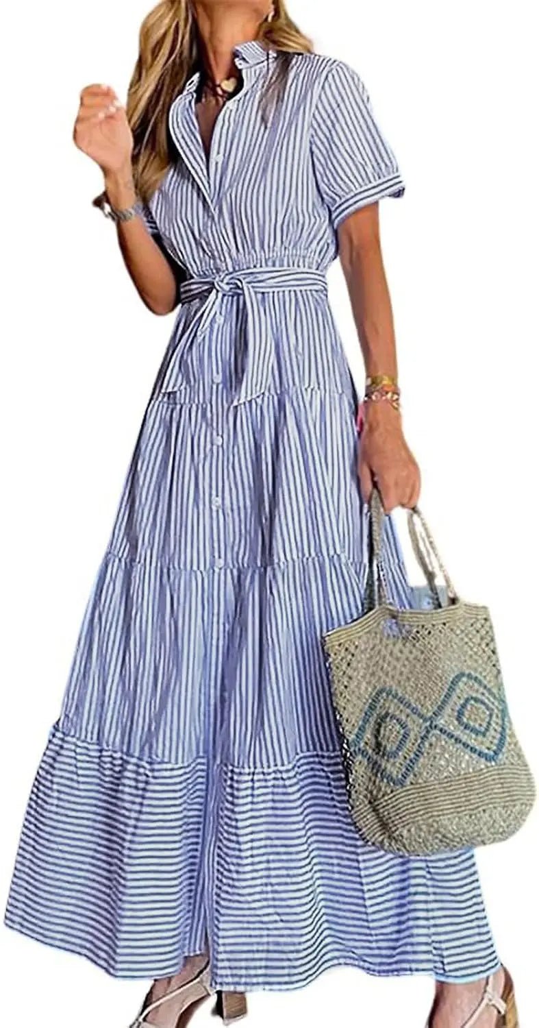 Dames Gestreepte Maxi Blousejurk met Ceintuur - Blue