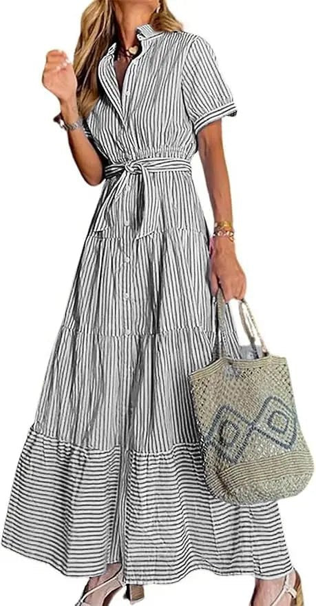 Dames Gestreepte Maxi Blousejurk met Ceintuur - Black