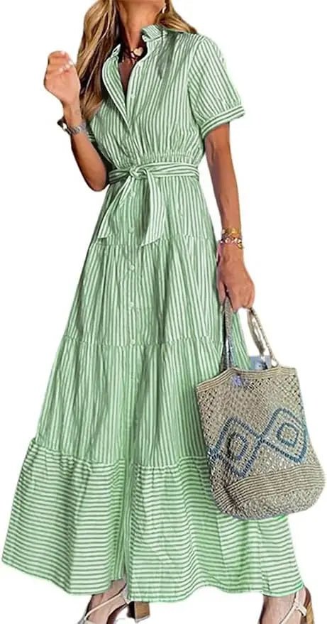 Dames Gestreepte Maxi Blousejurk met Ceintuur - Green