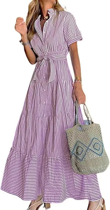 Dames Gestreepte Maxi Blousejurk met Ceintuur - Purple