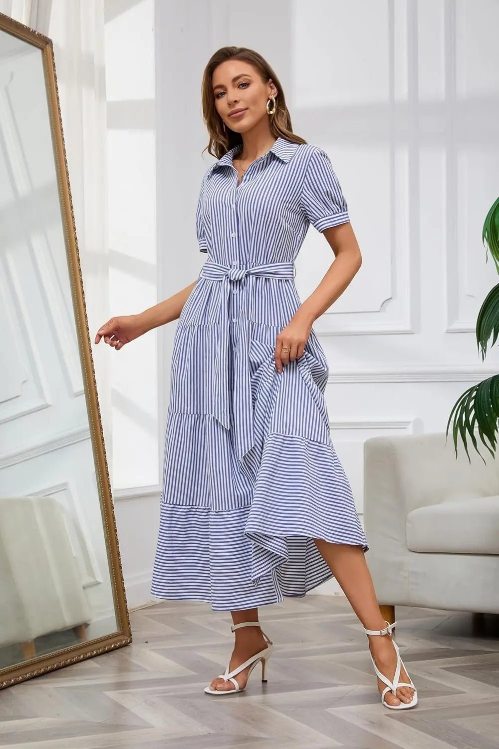 Dames Gestreepte Maxi Blousejurk met Ceintuur