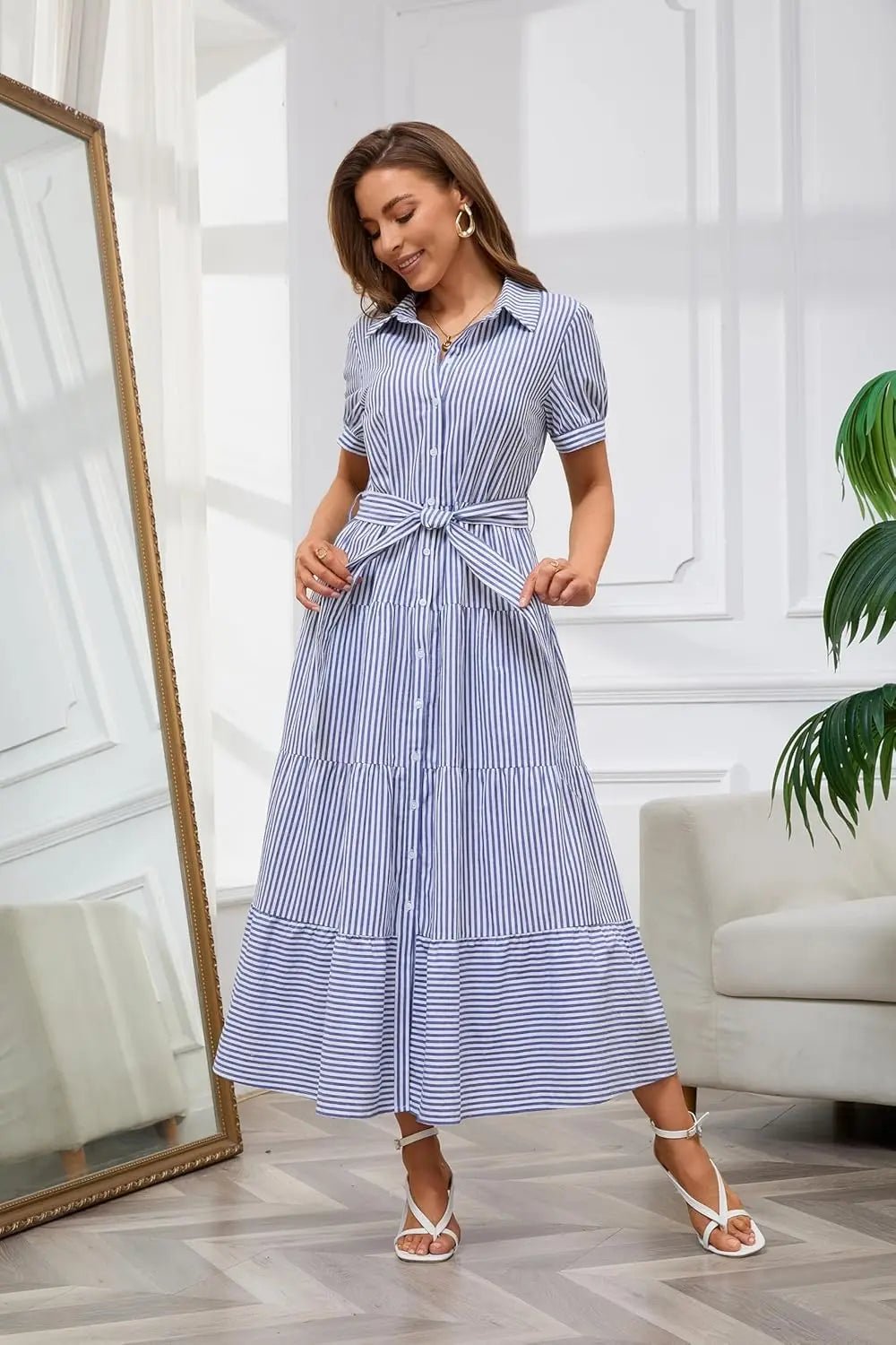 Dames Gestreepte Maxi Blousejurk met Ceintuur