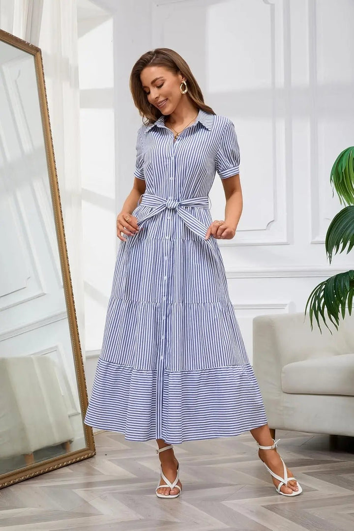 Dames Gestreepte Maxi Blousejurk met Ceintuur