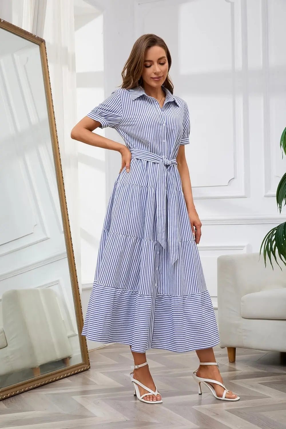 Dames Gestreepte Maxi Blousejurk met Ceintuur
