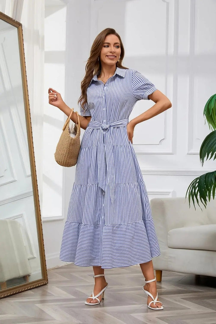 Dames Gestreepte Maxi Blousejurk met Ceintuur