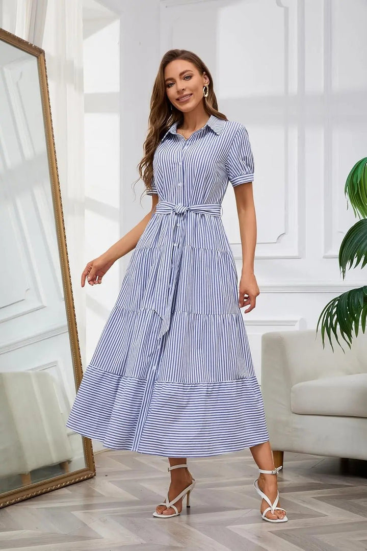 Dames Gestreepte Maxi Blousejurk met Ceintuur