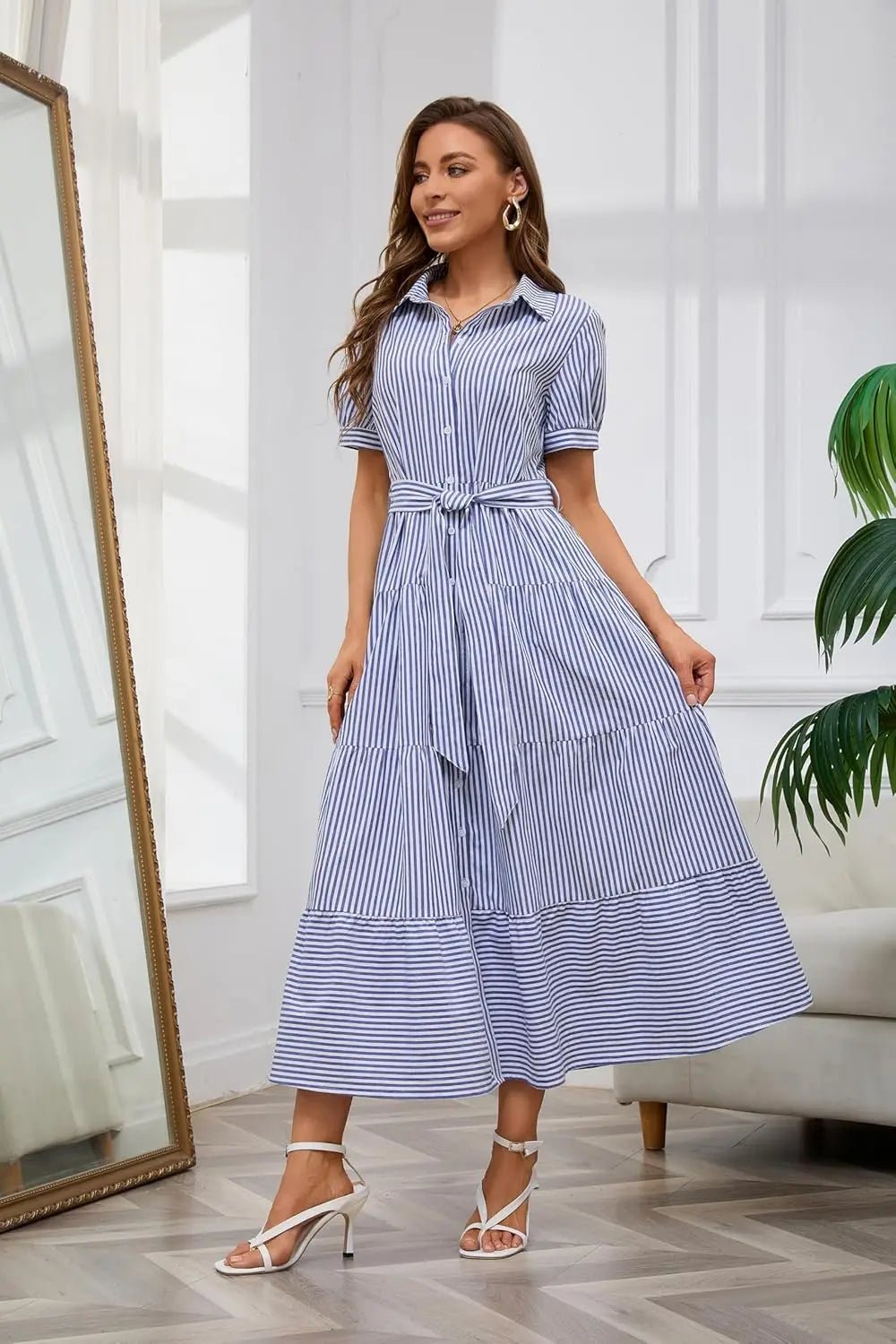 Dames Gestreepte Maxi Blousejurk met Ceintuur
