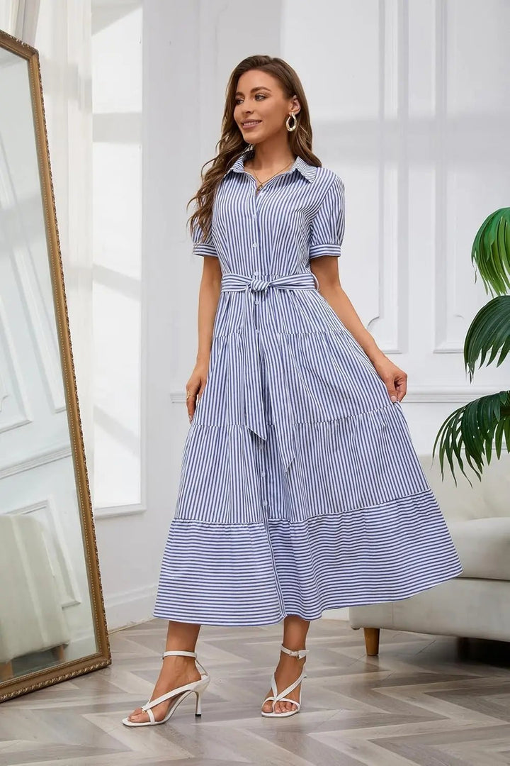 Dames Gestreepte Maxi Blousejurk met Ceintuur