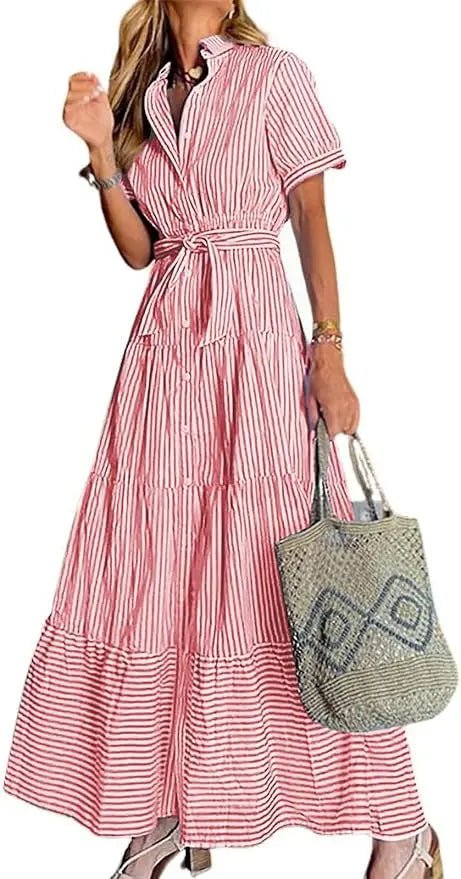 Dames Gestreepte Maxi Blousejurk met Ceintuur - Red