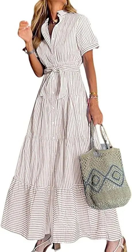 Dames Gestreepte Maxi Blousejurk met Ceintuur - Khaki