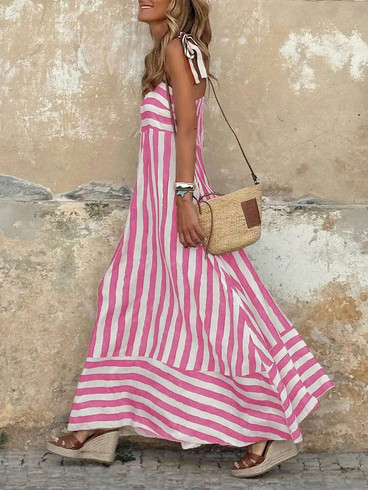 Dames Gestreepte Maxi-jurk Strikbandjes Wijdvallende Rok - Pink
