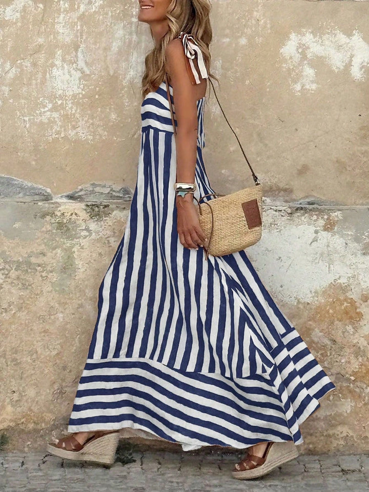Dames Gestreepte Maxi-jurk Strikbandjes Wijdvallende Rok - Blue