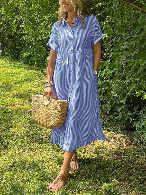 Dames Gestreepte Midi Shirtjurk Korte Mouwen - Blauw