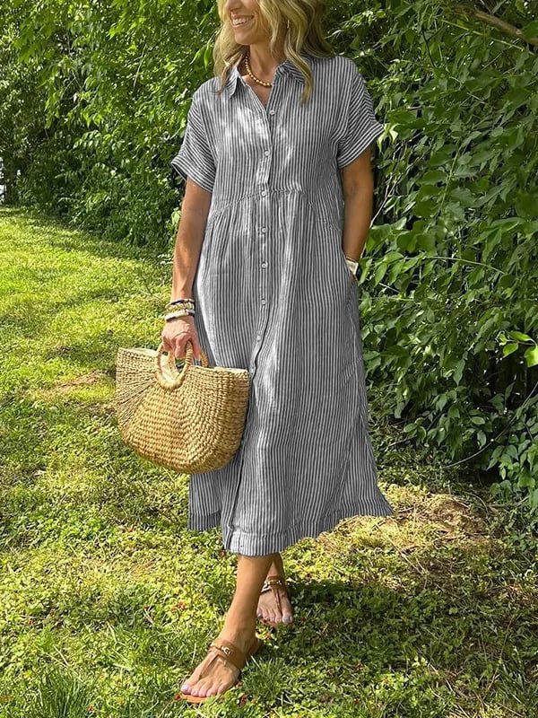 Dames Gestreepte Midi Shirtjurk Korte Mouwen - Grijs