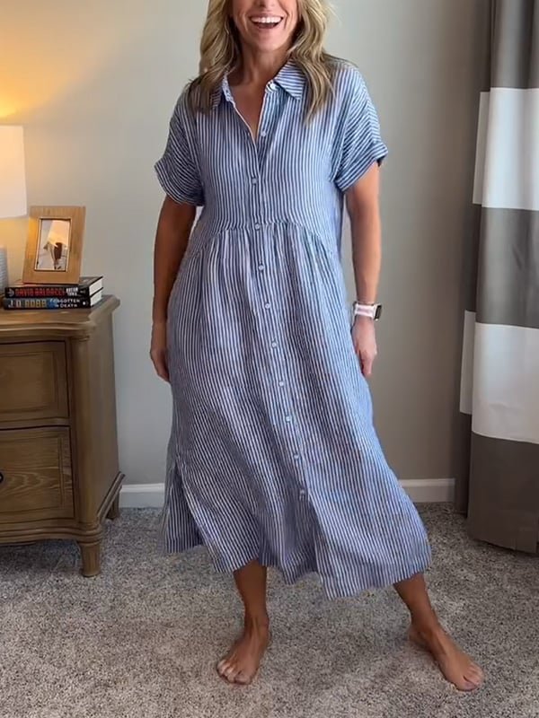 Dames Gestreepte Midi Shirtjurk Korte Mouwen