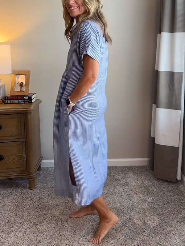 Dames Gestreepte Midi Shirtjurk Korte Mouwen