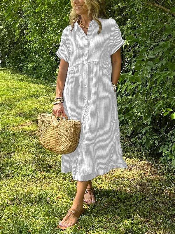Dames Gestreepte Midi Shirtjurk Korte Mouwen - Wit