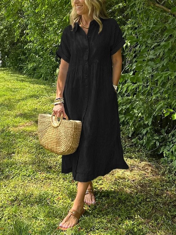 Dames Gestreepte Midi Shirtjurk Korte Mouwen - Zwart