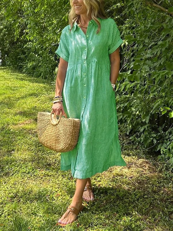 Dames Gestreepte Midi Shirtjurk Korte Mouwen - Groen