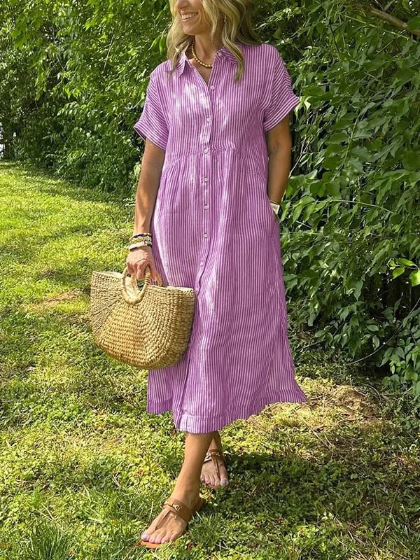 Dames Gestreepte Midi Shirtjurk Korte Mouwen - Roze