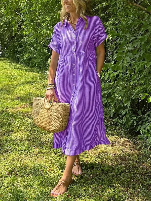 Dames Gestreepte Midi Shirtjurk Korte Mouwen - Paars