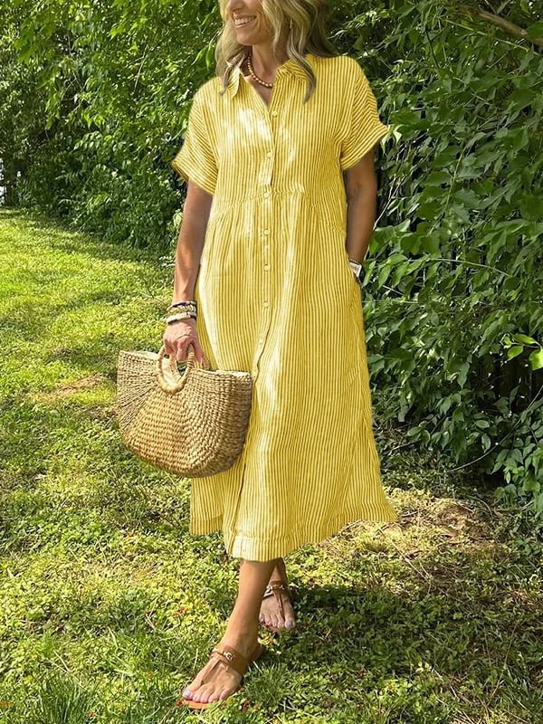 Dames Gestreepte Midi Shirtjurk Korte Mouwen - Geel