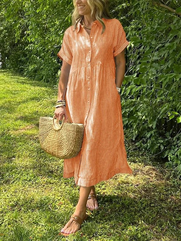 Dames Gestreepte Midi Shirtjurk Korte Mouwen - Oranje