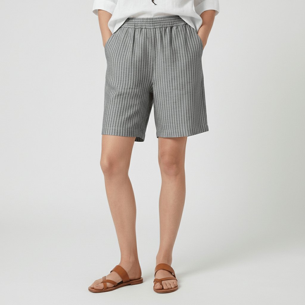 Dames Gestreepte Relaxed-Fit Casual Shorts Elastische Taille - Stone Grey
