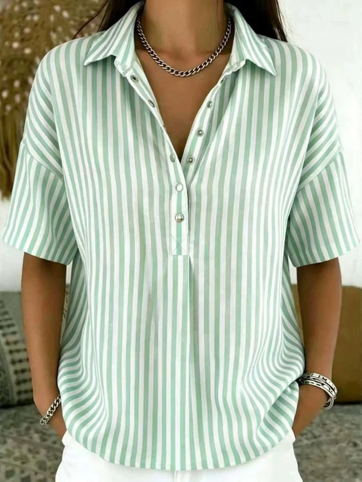 Dames Gestreepte Relaxed-Fit Korte Mouw Blouse met Kraag - Lichtgroen