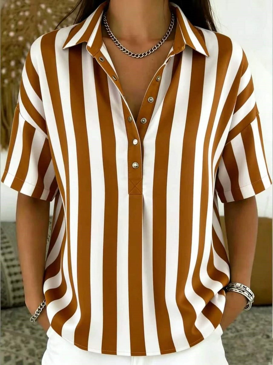 Dames Gestreepte Relaxed-Fit Korte Mouw Blouse met Kraag - Bruin