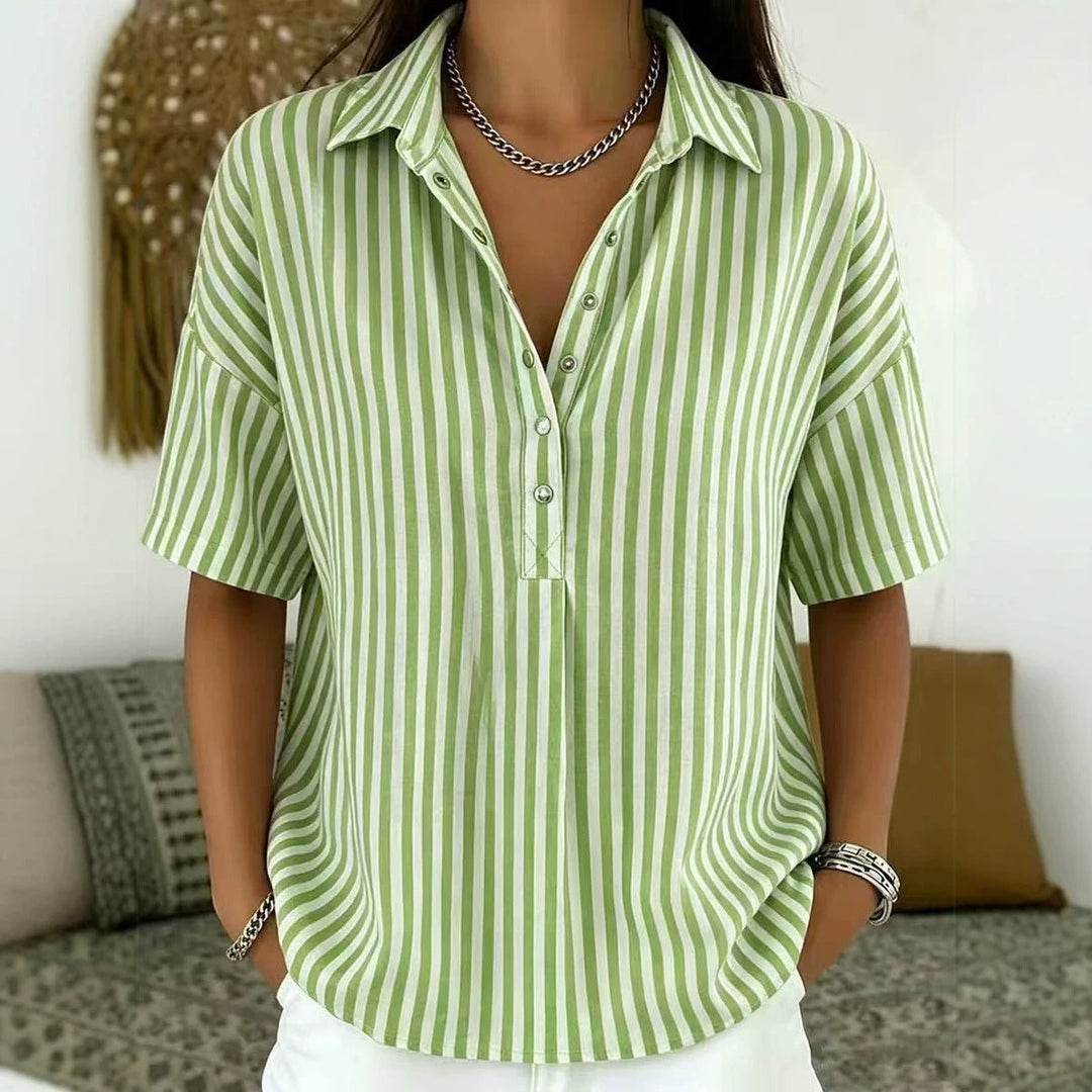 Dames Gestreepte Relaxed-Fit Korte Mouw Blouse met Kraag - Donkergroen