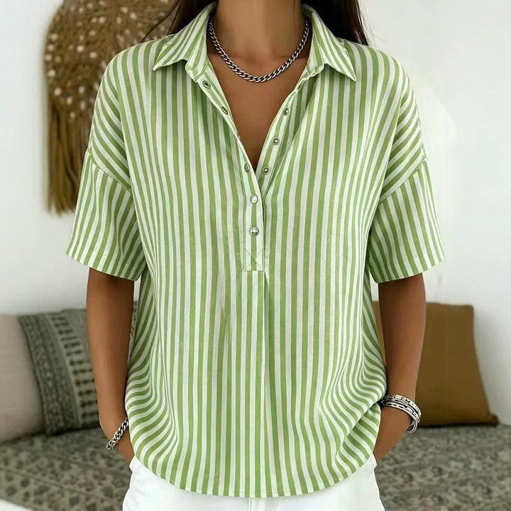 Dames Gestreepte Relaxed-Fit Korte Mouw Blouse met Kraag - Donkergroen