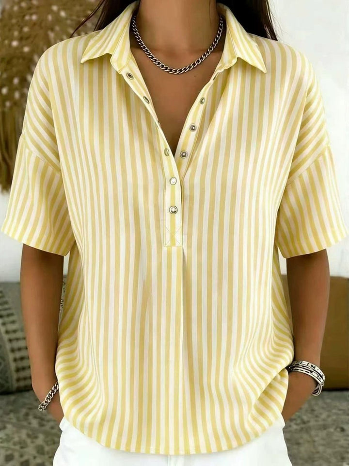 Dames Gestreepte Relaxed-Fit Korte Mouw Blouse met Kraag - Geel